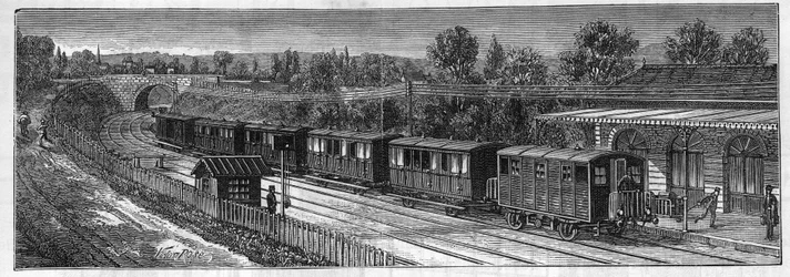Anwendung von Faure-Batterien: Elektrischer Zug auf einer Eisenbahnstrecke in einem Bahnhof. Gravur in „Le Monde Illustré“.