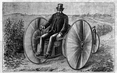Anwendung von Faure-Batterien: elektrisches Dreirad, das sich durch den Akkumulator bewegt. Gravur in „Le Monde Illustré“