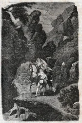 Argie wird auf Befehl seines Bräutigams angegriffen - Gravur von 1851 aus „Roland der Rasende“ (Orlando furioso) (16. Jahrhundert) von Ludovico Ariosto, bekannt als der Ariosta - Ausgabe, übersetzt aus dem Italienischen von Graf von Tressan und veröffentli