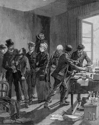 Verhaftung in Paris von Nihilisten Reinchtein und seiner Frau. Gravur gegen Ende des 19. Jahrhunderts (1890?)