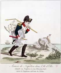 Ankunft Napoleons auf der Insel Elba (mit dem Code Napoleon unter dem Arm) - in „Napoleon 1., Karikaturen, Dummysammlung“, ca. 1814