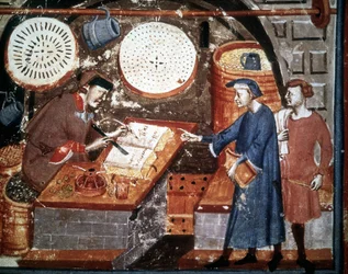 Handwerksladen im 14. Jahrhundert. Miniaturmanuskript aus dem 14. Jahrhundert. Biblioteca Medicea Laurenziana, Florenz.