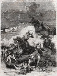 Astolphe schlägt die mörderischen Frauen in die Flucht - Stich von 1851 aus „Der rasende Roland“ (Orlando furioso) (16. Jahrhundert) von Ludovico Ariosto, bekannt als Ariosto - Aus dem Italienischen übersetzte Ausgabe des Grafen von Tressan