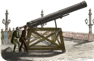 Astronomisches Fernrohr von M. Queslin am Place de la Concorde in Paris. Gravur von 1857 im „Le Musée Des Sciences“