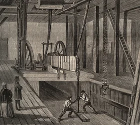 Bohrwerkstatt des artesischen Brunnens von Passy. Gravur von 1856 im „Le Musée Des Sciences“.