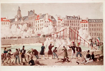 Angriff auf das Rathaus von Paris und die Schlacht an der Brücke von Arcola, 28. Juli 1830 (Gravur)