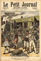 Angriff auf einen Zug durch Räuber in der Nähe von Cherkessklui, nach der Organisation der Entgleisung des Zuges, fangen Athanos und seine Räuber die Passagiere, um sie gegen ein Lösegeld auszutauschen. Gravur in „Le petit journal“ 20/06/1891. Selva-Sammlu