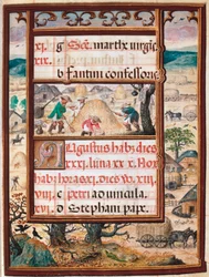 August. Bauern bei der Arbeit (Seite aus dem Manuskript „Stundenbuch“ von Manuel I. von Portugal)