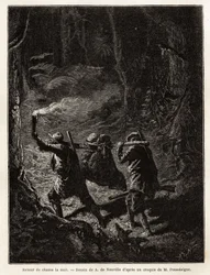 Rückkehr von der Jagd in der Nacht, die Beute, ein Bär, ist gefesselt und an einem Ast aufgehängt, den die Jäger auf der Schulter tragen. Gravur zur Illustration der Geschichte "Quatre mois en Florida", von M. Pousselgue, 1851-1852, veröffentlicht in "le t