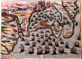 Schlachtplan von Cales Males (Spanien) am 30. Juni 1596. Die Flotte der niederländischen und englischen Armee betritt als Freunde Cales Males mit 180 Schiffen. Am nächsten Tag, dem 1. Juli, mussten sie die Stadt aufgrund von Verrat beschämt verlassen. Grav