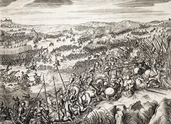 Schlacht von Gembloux (1578) - Spanische Armee gegen die Armee von 16 der Siebzehn Provinzen der Niederlande - Gravur in „Histoire De La Guerre Des Paisles-Bas“ von Famiano Strada (1572-1649)