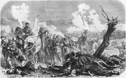Schlacht von Saint Quentin im Jahr 1557, ein Episode des langen Krieges zwischen dem Königreich Frankreich und Spanien. Gravur aus dem 19. Jahrhundert