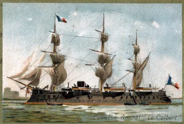 Schlachtschiff Admiral „Der Colbert“. Chromolithographie des 19. Jahrhunderts.