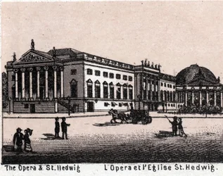 Berlin, Deutschland: Blick auf die Oper und die St.-Hedwigs-Kathedrale in „Die Welt illustriert 168 Ansichten“ (Ende des 19. Jahrhunderts)