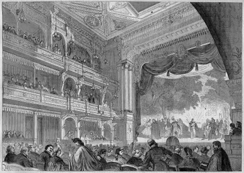 Berlin, Ansicht des neuen Saals des Wallner-Theaters, wiederaufgebaut im Jahr 1865. In „L