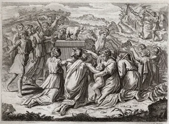 Bibel von Royaumont, Altes Testament: Anbetung des Goldenen Kalbs. Mose sieht die Hebräer und das goldene Kalb und zerbricht die Gesetzestafeln. Illustration von 1811.