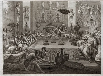 Bibel von Royaumont, Altes Testament: Balthasar verurteilt. König Balthasar (Belshazzar) sieht am Tisch eine Hand, die in drei Worten das Ende seines Urteils schreibt. Illustration von 1811.