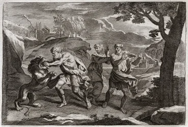 Bibel von Royaumont, Altes Testament: Geburt von Samson. Samson zerreißt einen Löwen in Stücke. Illustration von 1811.