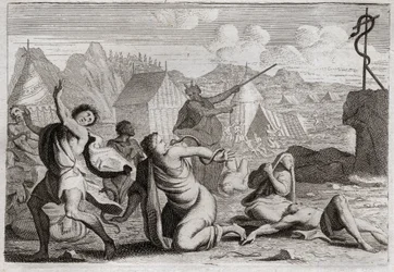 Bibel von Royaumont, Altes Testament: Eherne Schlange. Das Volk murrte gegen Gott und gegen Moses und wurde von Feuerschlangen bestraft; sie wurden von einer ehernen Schlange geheilt, die Moses erhob, damit sie von allen gesehen werden konnte. Illustration