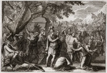 Bibel von Royaumont, Altes Testament: Die Brüder von Joseph. Joseph lässt seine Brüder ins Gefängnis werfen. Illustration von 1811.