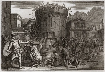 Bibel von Royaumont, Altes Testament: Tod von Abimelech. Abimelech wird von einer Frau getötet, die ihn mit einem Stein erschlägt. Illustration von 1811.
