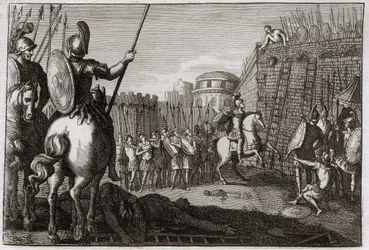 Bibel von Royaumont, Altes Testament: Tod von Seba. Und Seba (Scheba) erhob sich gegen David und nahm die zehn Stämme mit sich, und Joab verfolgte ihn in Abela, wo sein Kopf auf Rat einer Frau abgeschlagen wurde. Illustration von 1811.