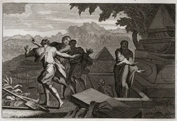 Bibel von Royaumont, Altes Testament: Auferstehung eines Toten. Ein Toter wurde zufällig in das Grab von Elisa geworfen und erweckte zum Leben, als er seine Knochen berührte. Illustration von 1811.