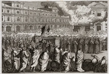 Bibel von Royaumont, Altes Testament: Die Einweihung des Tempels. Salomo versammelt sein ganzes Volk, um die Einweihung seines Tempels feierlich zu begehen. Illustration von 1811.