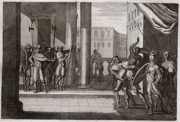 Bibel von Royaumont, Altes Testament: Dina ging aus Neugierde hinaus, um die Frauen von Sichem zu sehen, und der König dieser Stadt hatte ihr Gewalt angetan, ihre Brüder rächten sich und töteten alle Einwohner von Sichem mit dem König. Illustration von 181