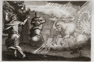 Bibel von Royaumont, Altes Testament: Elia wird in den Himmel entrückt. Elia wird in einem Feuerwagen in den Himmel entrückt, in Anwesenheit seines Jüngers. Elisa erhält von ihm seinen doppelten Geist: er teilt das Wasser des Jordan mit Elias Mantel. Illus