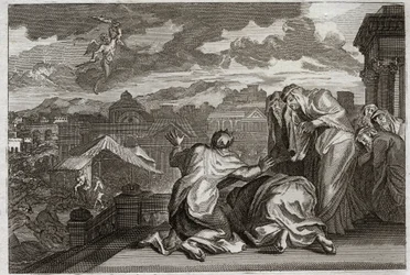 Bibel von Royaumont, Altes Testament: Pestgeißel. Und David, der aus Eitelkeit eine Volkszählung seines Volkes durchführte, wird von Gott mit einer Pest bestraft, die in drei Tagen siebzigtausend Menschen tötet. Illustration von 1811.