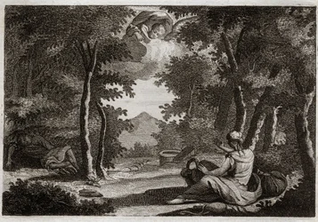 Royaumont-Bibel, Altes Testament: Flucht von Hagar. Hagar erhebt sich gegen Sara, ihre Herrin. Sara bestraft ihre Unverschämtheit mit Strenge. Hagar kann es nicht ertragen und flieht aus dem Haus in die Wüste, wo ein Engel zu ihr spricht, um sie zurückzubr
