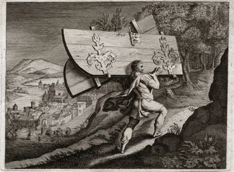 Bibel von Royaumont, Altes Testament: Tore von Gaza. Samson, eingesperrt in Gaza, reißt die Stadttore heraus. Illustration von 1811.