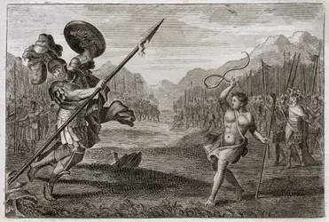 Bibel von Royaumont, Altes Testament: Der Riese Goliath. Goliath, ein Philister von ungeheurer Größe, wird von David besiegt, der nur mit einer Schleuder und einem Stock bewaffnet ist. Illustration von 1811.