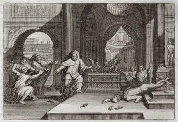 Bibel von Royaumont, Altes Testament: Das Götzenbild Dagons. Als die Philister die Bundeslade im Tempel neben Dagon, ihren Gott, stellten, stürzte sie dessen Götzenbild nieder und schlug sie alle mit einer sehr schweren Plage, die sie zwang, sie