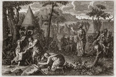Bibel von Royaumont, Altes Testament: Die Juden in der Wüste (oder die Sammlung von Manna). Gott lässt vierzig Jahre lang Manna vom Himmel fallen. Illustration von 1811.
