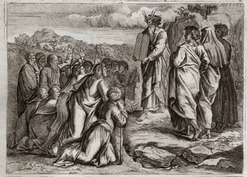 Bibel von Royaumont, Altes Testament: Zweite Tafeln des Gesetzes. Gott gibt Mose andere Tafeln (Zehn Gebote), die das Volk mit Respekt empfängt. Illustration von 1811.