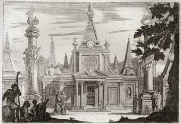 Royaumont-Bibel, Altes Testament: Simon Pontifex. Simon Machabee (Makkabäer) folgt seinem Bruder Jonathas (Jonathan), errichtet ein prächtiges Grab für seinen Vater und seine Brüder und wird verräterisch getötet. Illustration von 1811