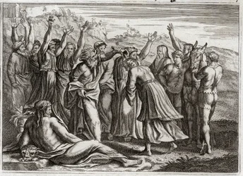 Royaumont-Bibel, Altes Testament: König Salomo. David setzte Salomo auf Bitten von Bathseba und dem Propheten Nathan als König ein. Illustration von 1811.