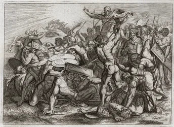 Royaumont-Bibel, Altes Testament: Sonnenstopp. Josua verfolgt seine amoritischen Feinde (Amoriter) und lässt die Sonne stillstehen, damit er mehr Zeit hat, sie zu besiegen. Illustration von 1811.