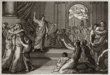 Bibel von Royaumont, Altes Testament: Susanna befreit. Gott nutzt die Weisheit des jungen Daniel, um Susanna vom Tod zu befreien, zu dem sie ungerechterweise verurteilt worden war. Illustration von 1811.