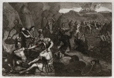 Royaumont-Bibel, Altes Testament: Diebe von Siceleg. Einige Amalekiter kommen, um Siceleg in Abwesenheit von David zu plündern. Er rennt wütend und besiegt sie. Illustration von 1811.