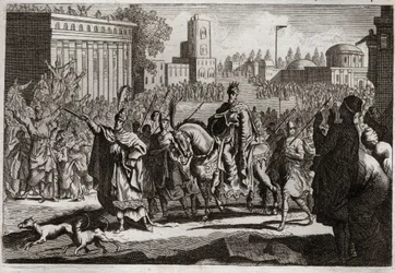 Bibel von Royaumont, Altes Testament: Triumph von Mardocheus. Aman (Haman) wird vom König gezwungen, den Triumph seines Feindes Mardocheus (oder Mordechai) in der Stadt Susan (besser bekannt als Susa) zu verkünden. Illustration von 1811.