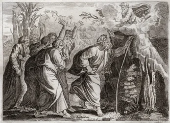 Bibel von Royaumont, Altes Testament: Wasser aus dem Felsen. Moses bringt Wasser aus dem Felsen und gibt dem Volk Israel zu trinken. Illustration von 1811.
