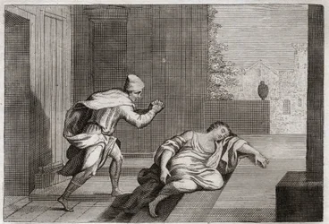 Bibel von Royaumont, Altes Testament: Frau des geschändeten Leviten. Die Frau des Leviten wurde tot an der Tür gefunden, nachdem sie von Schurken missbraucht worden war. Illustration von 1811.