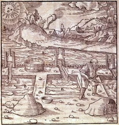 Bitumenrückgewinnung. Georg Bauer „Agricola De Re metallica“ Buch des 15. Jahrhunderts. Bibliothek des Wissenschaftsmuseums, Mailand.