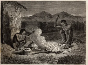Schmiede in Simiango, an den Ufern des Sambesi-Flusses. Gravur zur Illustration von Dr. Livingstones ersten Reisen nach Südafrika von 1840 bis 1856, in 