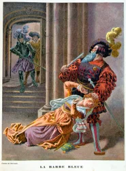 Blaubart (überrascht, wie er eine Frau an den Haaren packt). Illustration des 19. Jahrhunderts.