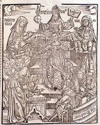 Wissenszweige dargestellt von Aristoteles (oben links) und Seneca (rechts)