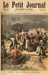 Bretonische Seeleute verlassen Paimpol im Frühling, um Kabeljau an der Küste von Island oder Neufundland zu suchen. Gravur in „Le petit journal“ 19/03/1894. Sammlung Selva
